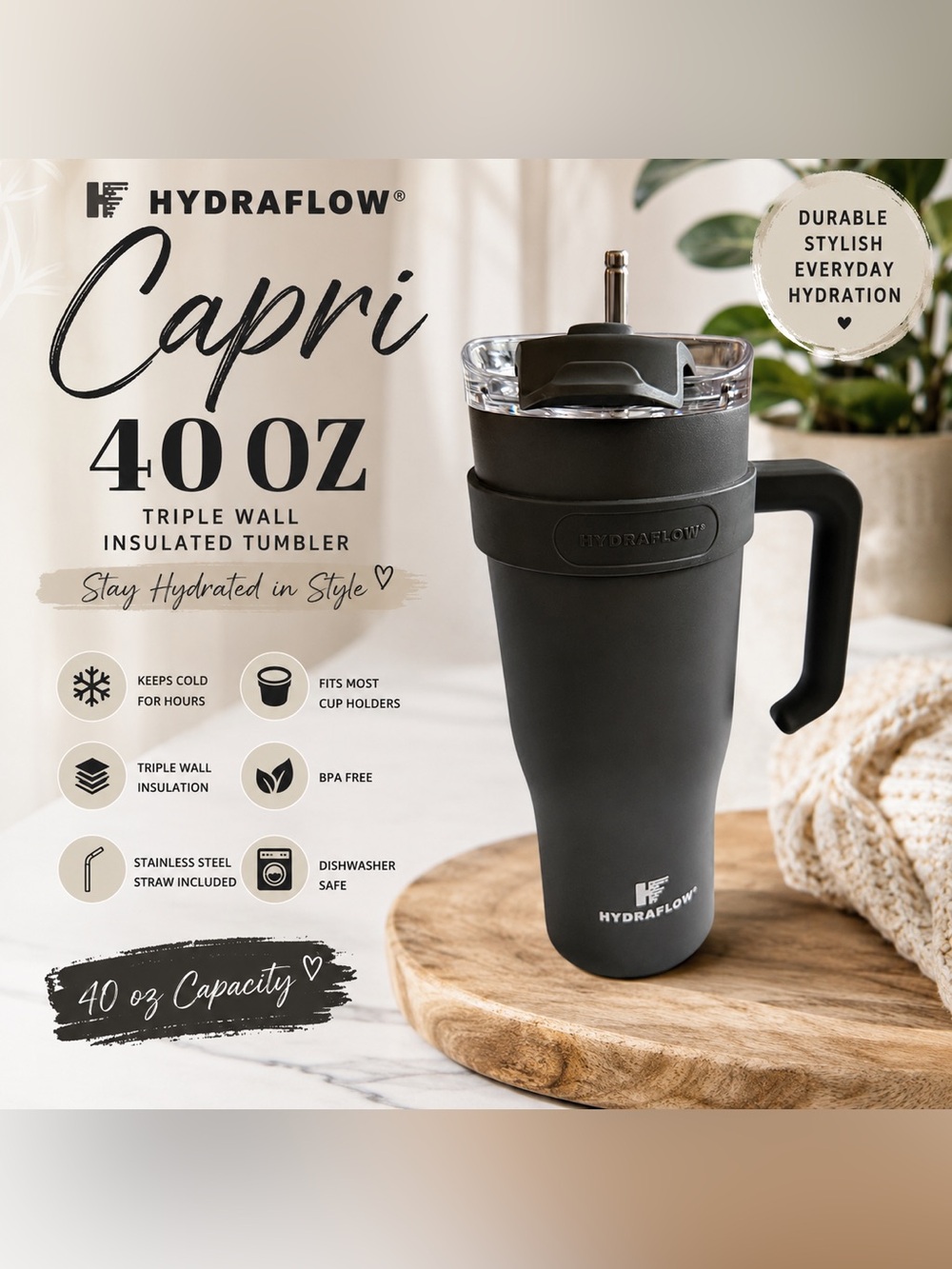 Hydraflow Capri 40 oz Triple Wall Insulated Tumbler Black Handle Straw Cup